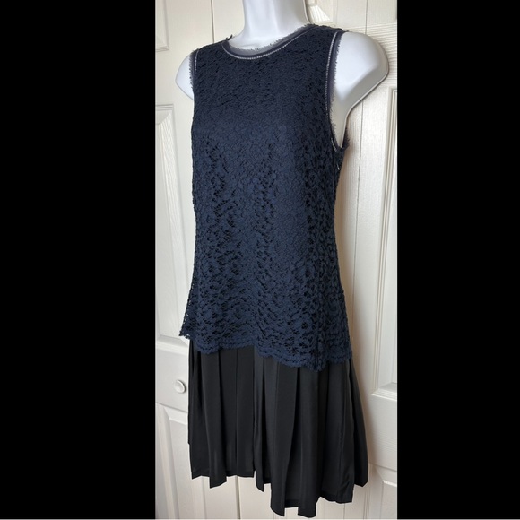 REBECCA TAYLOR $425 Navy Blue Lace Dress Black Pleated Skirt Silk Mix Contrast - Picture 3 of 15